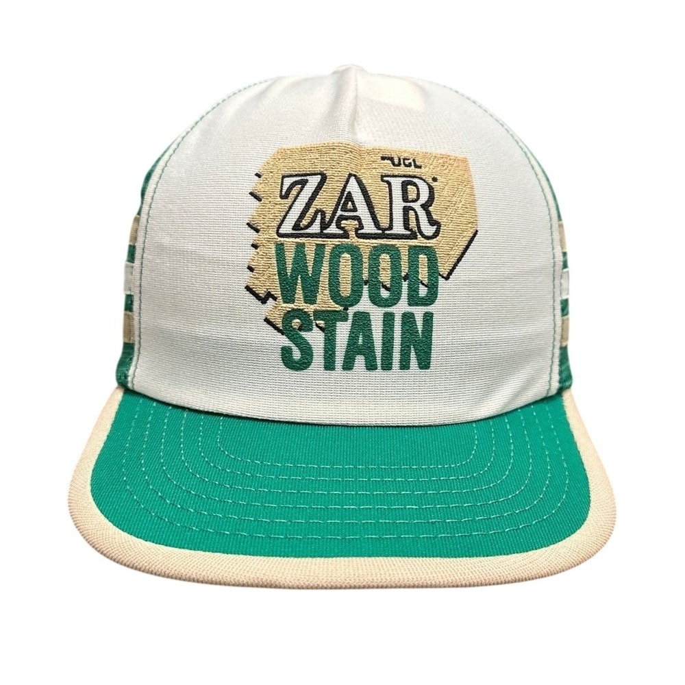 Vintage Zar Wood Stain 3 Striped Trucker Hat Cap Snap‎ Back Green Made in USA